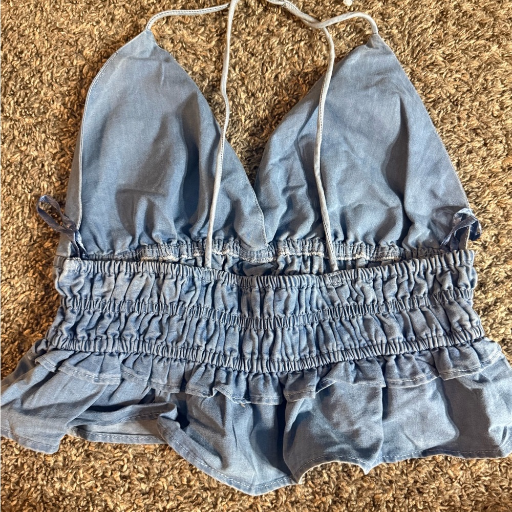 Blue Ruffled Women's Top - Picture 2 of 2